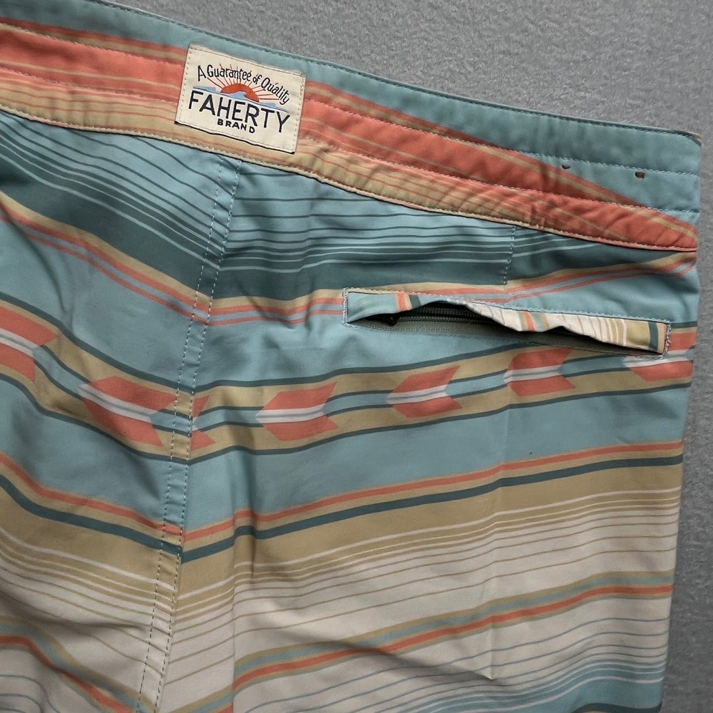 Faherty Brand Mens Board Shorts Size 30 Teal Coral Striped Geometric Surf Swim